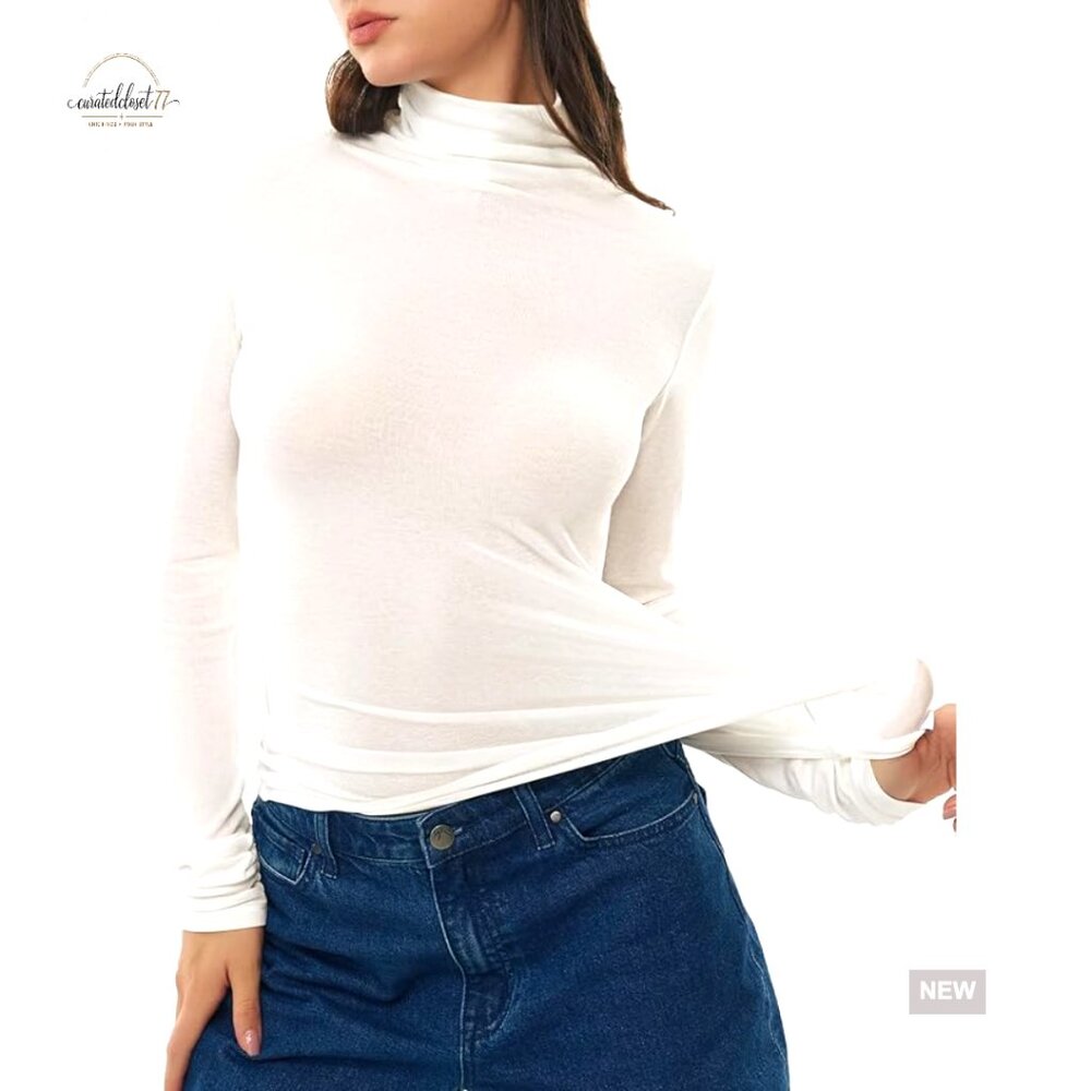 Merino Wool Blend Turtleneck Long Sleeve Fitted Tee Cozy Winter Top